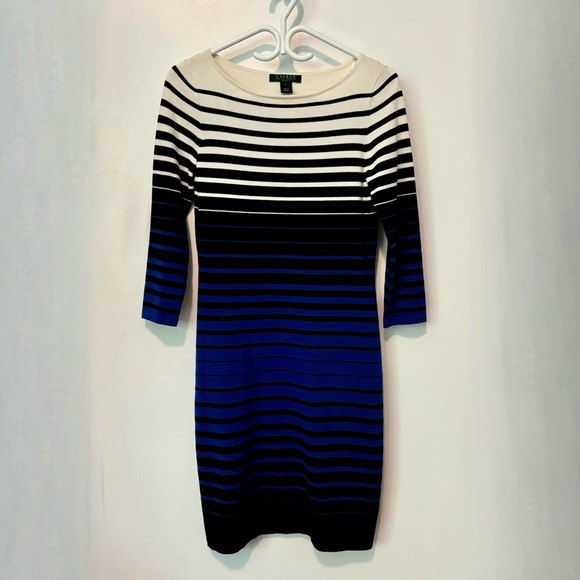 Ralph Lauren Small Dress Knit Fitted Boat Neck 3/4 Sleeve Mid-Length Striped - Picture 1 of 5